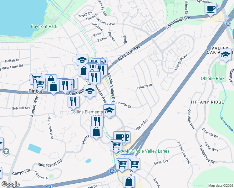map of restaurants, bars, coffee shops, grocery stores, and more near 2520 Brandt Court in Pinole