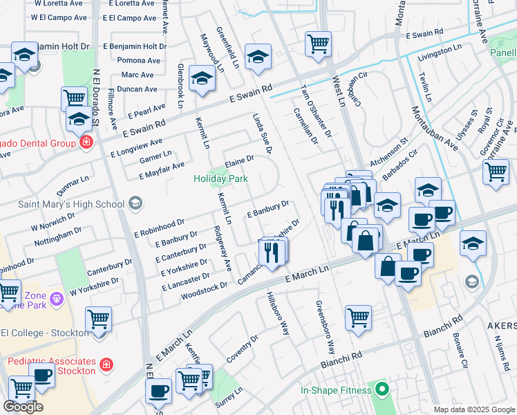map of restaurants, bars, coffee shops, grocery stores, and more near 5522 Holiday Drive in Stockton