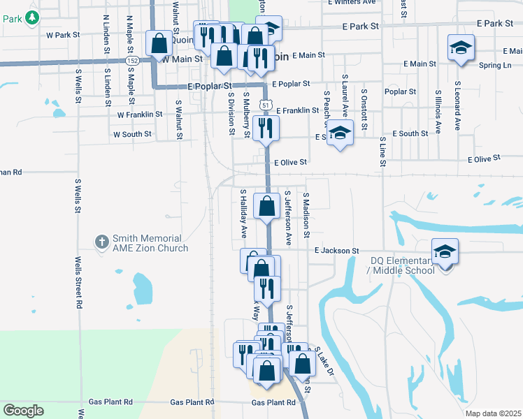 map of restaurants, bars, coffee shops, grocery stores, and more near 511-539 South Washington Street in Du Quoin