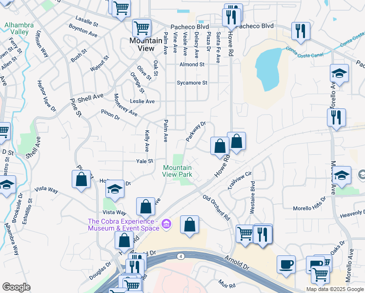 map of restaurants, bars, coffee shops, grocery stores, and more near 731 Parkway Drive in Martinez