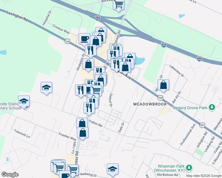 map of restaurants, bars, coffee shops, grocery stores, and more near 229 Oxford Drive in Winchester