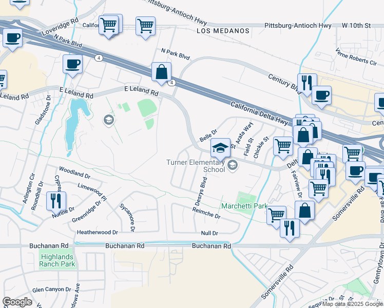 map of restaurants, bars, coffee shops, grocery stores, and more near 4709 Eisenhower Way in Antioch