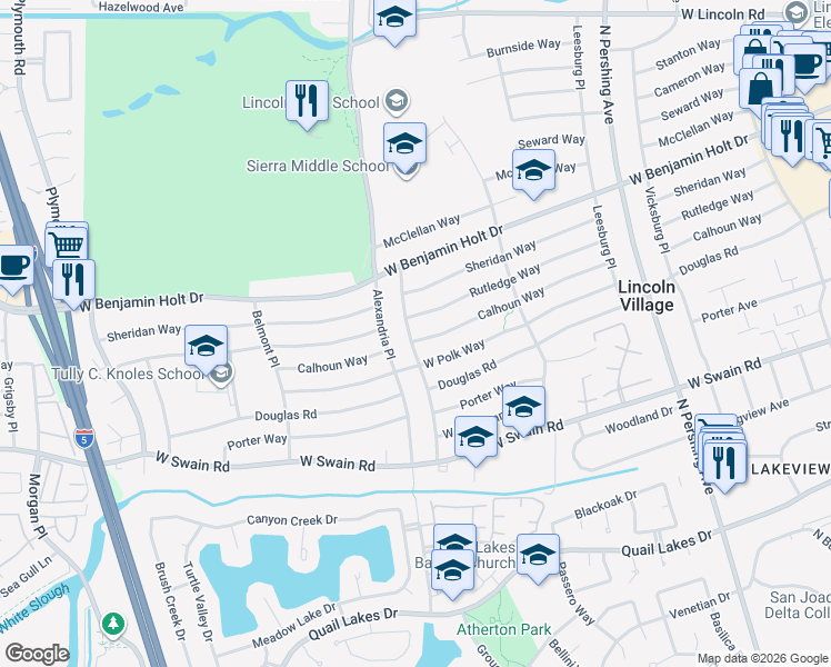 map of restaurants, bars, coffee shops, grocery stores, and more near 2031 Calhoun Way in Stockton