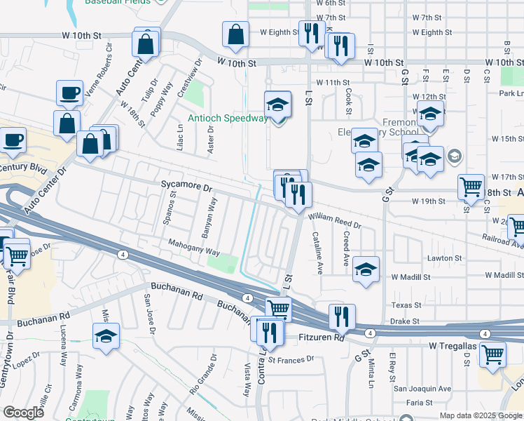map of restaurants, bars, coffee shops, grocery stores, and more near 2104 Lemontree Way in Antioch