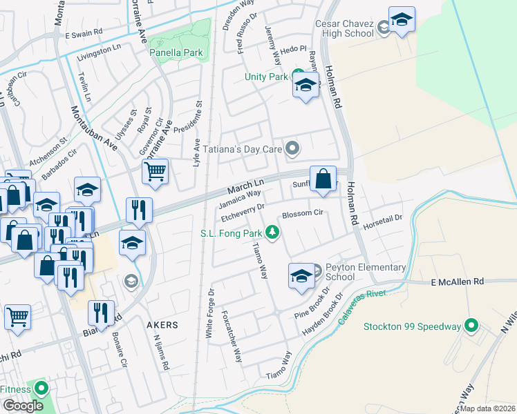 map of restaurants, bars, coffee shops, grocery stores, and more near 2435 Etcheverry Drive in Stockton