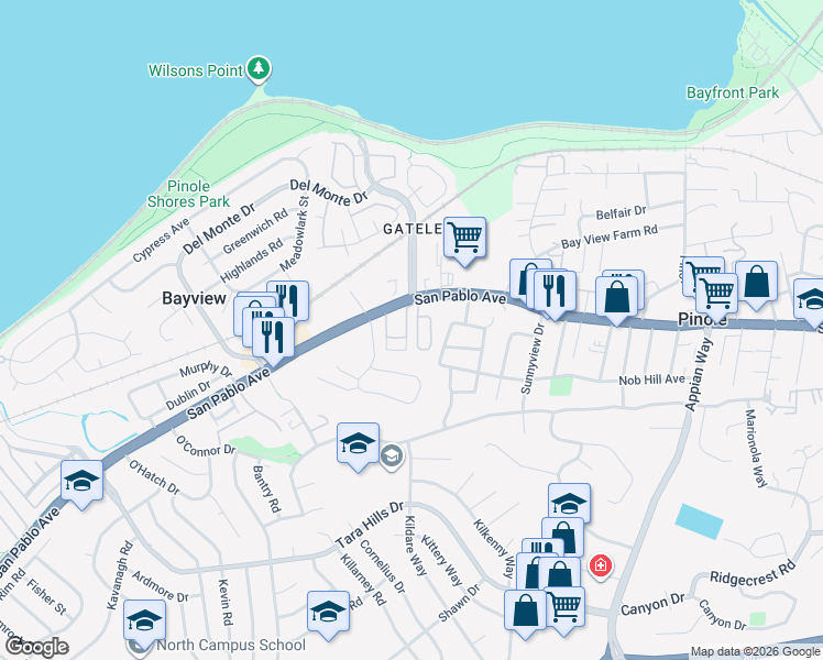 map of restaurants, bars, coffee shops, grocery stores, and more near 745 San Pablo Avenue in Pinole
