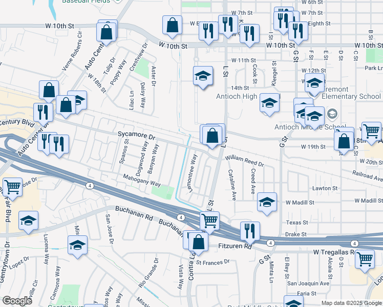 map of restaurants, bars, coffee shops, grocery stores, and more near 2104 Lemontree Way in Antioch