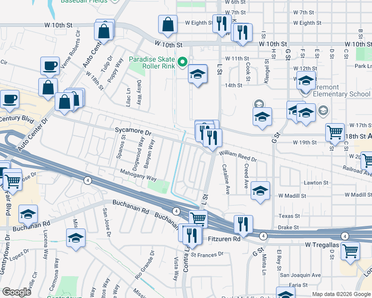 map of restaurants, bars, coffee shops, grocery stores, and more near 2104 Lemontree Way in Antioch