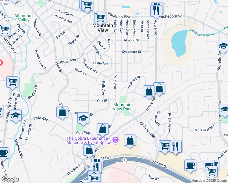 map of restaurants, bars, coffee shops, grocery stores, and more near 731 Palm Avenue in Martinez