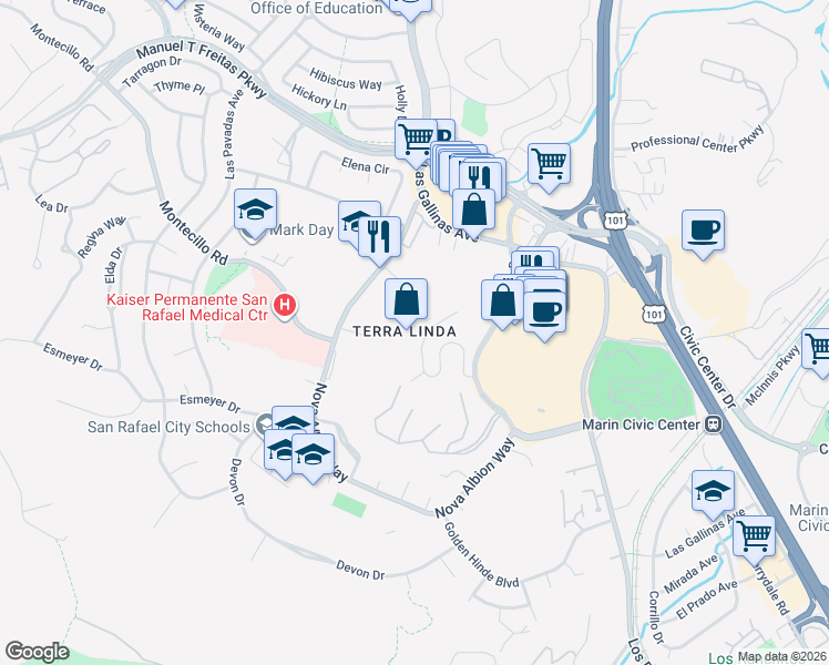 map of restaurants, bars, coffee shops, grocery stores, and more near 100 Thorndale Drive in San Rafael