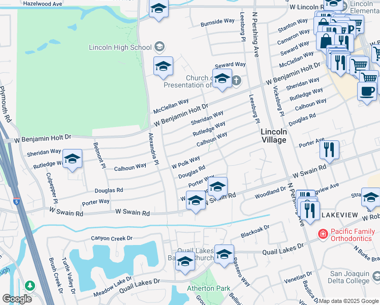 map of restaurants, bars, coffee shops, grocery stores, and more near 1921 West Polk Way in Stockton