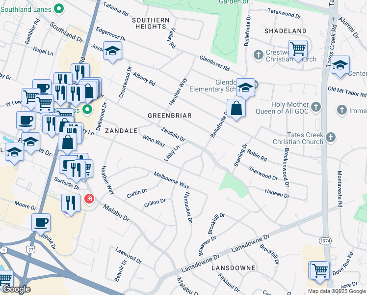 map of restaurants, bars, coffee shops, grocery stores, and more near 2020 Libby Lane in Lexington