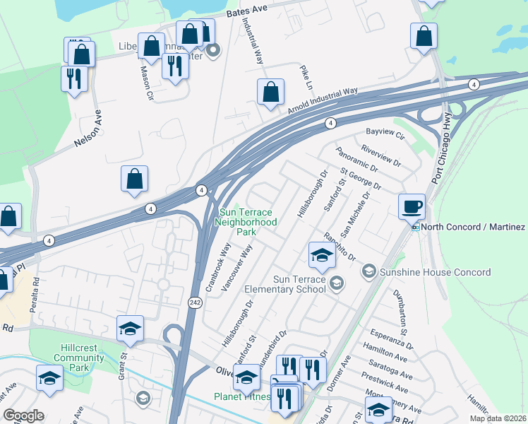 map of restaurants, bars, coffee shops, grocery stores, and more near 3670 Vancouver Way in Concord