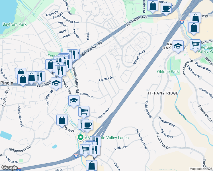 map of restaurants, bars, coffee shops, grocery stores, and more near 2615 Henry Avenue in Pinole