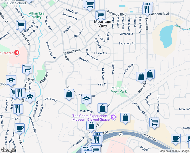 map of restaurants, bars, coffee shops, grocery stores, and more near 705 Wyoming Street in Martinez