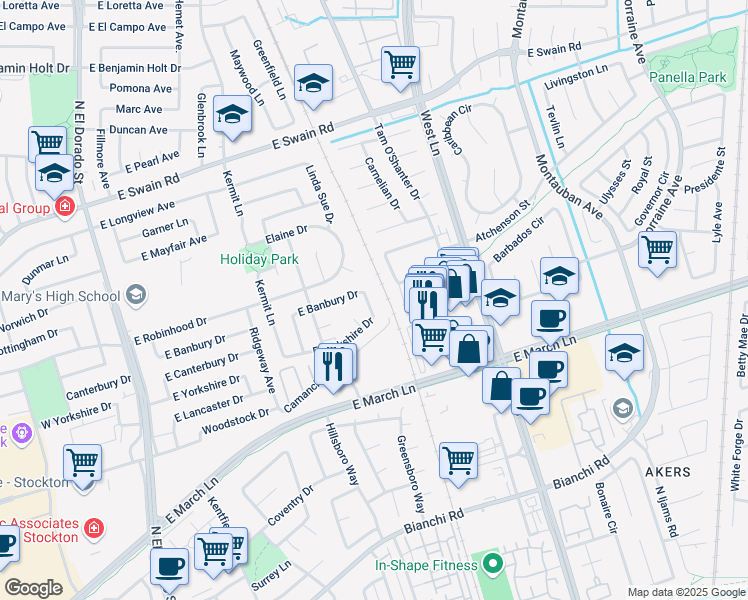 map of restaurants, bars, coffee shops, grocery stores, and more near 958 East Yorkshire Drive in Stockton