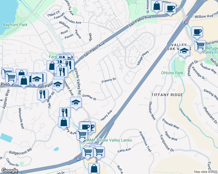 map of restaurants, bars, coffee shops, grocery stores, and more near 2615 Henry Avenue in Pinole