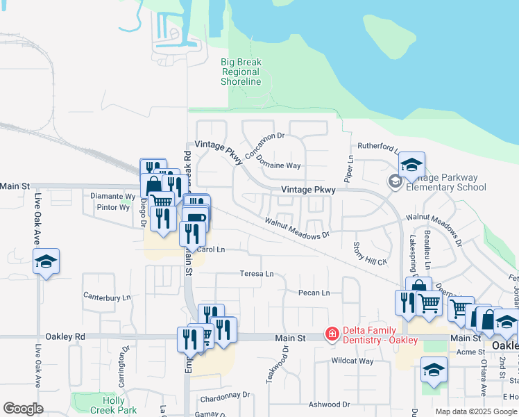 map of restaurants, bars, coffee shops, grocery stores, and more near 5415 Sunset Meadows Lane in Oakley