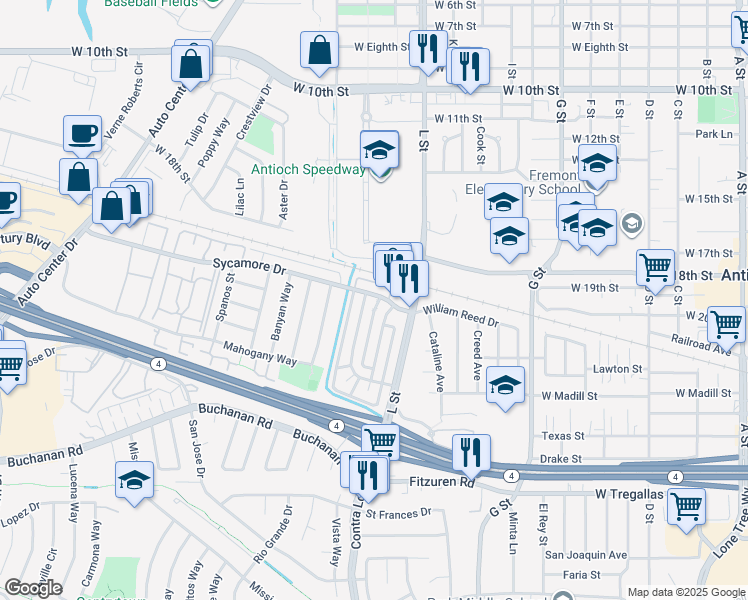 map of restaurants, bars, coffee shops, grocery stores, and more near 2101 Lemontree Way in Antioch