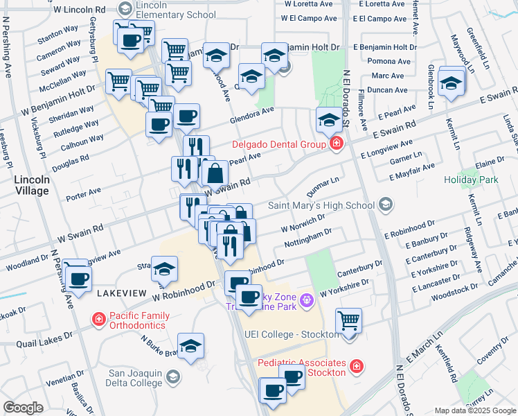 map of restaurants, bars, coffee shops, grocery stores, and more near 306 West Longview Avenue in Stockton
