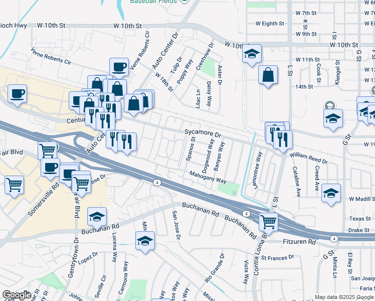 map of restaurants, bars, coffee shops, grocery stores, and more near 2208 Spanos Street in Antioch