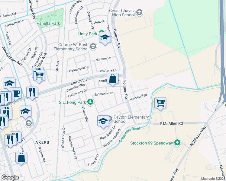 map of restaurants, bars, coffee shops, grocery stores, and more near 2693 Blossom Circle in Stockton
