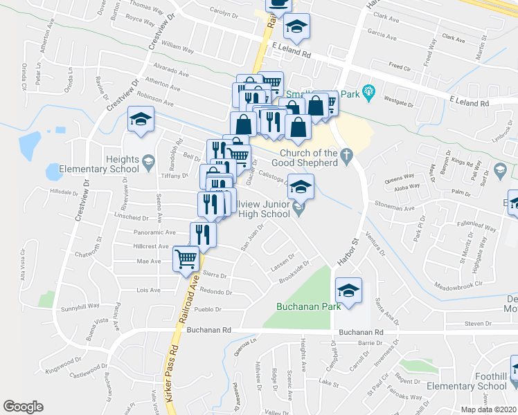 map of restaurants, bars, coffee shops, grocery stores, and more near 159 El Dorado Drive in Pittsburg
