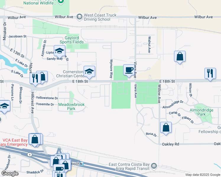 map of restaurants, bars, coffee shops, grocery stores, and more near 1815 Geneva Lane in Antioch