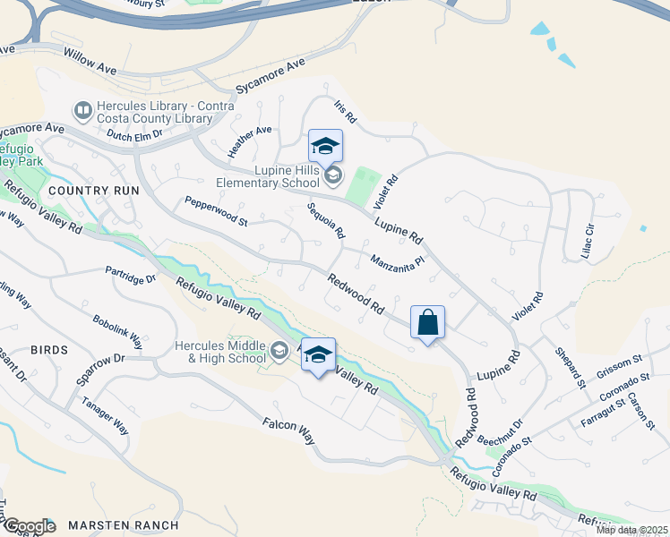 map of restaurants, bars, coffee shops, grocery stores, and more near 106 Sequoia Road in Hercules