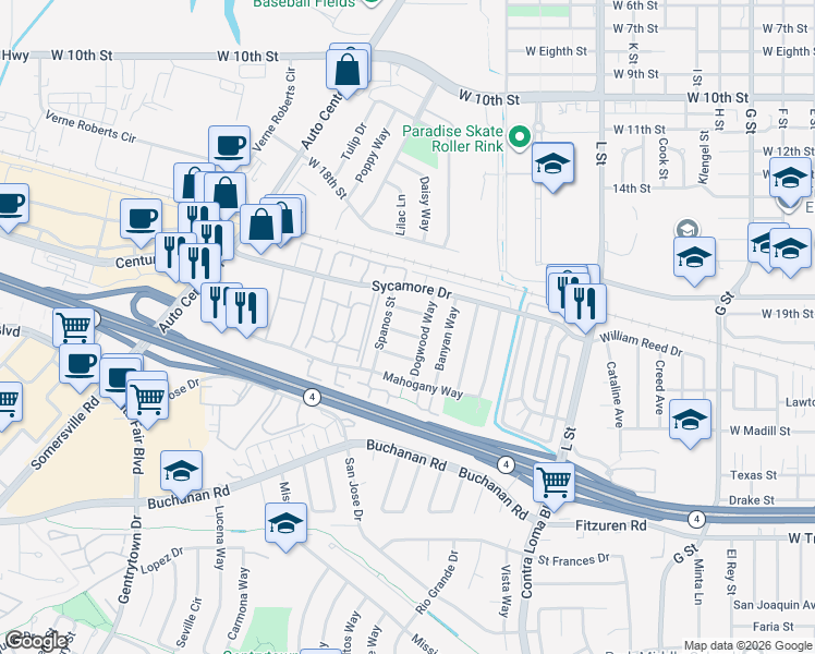 map of restaurants, bars, coffee shops, grocery stores, and more near 1714 Magnolia Way in Antioch