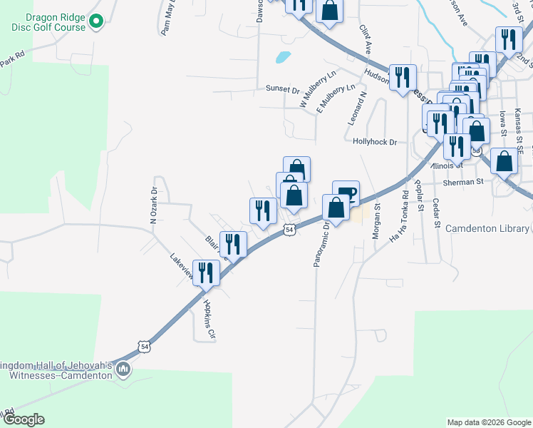 map of restaurants, bars, coffee shops, grocery stores, and more near 82 Lake Road in Camdenton