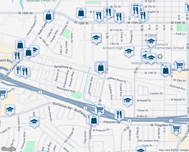 map of restaurants, bars, coffee shops, grocery stores, and more near 2101 Lemontree Way in Antioch