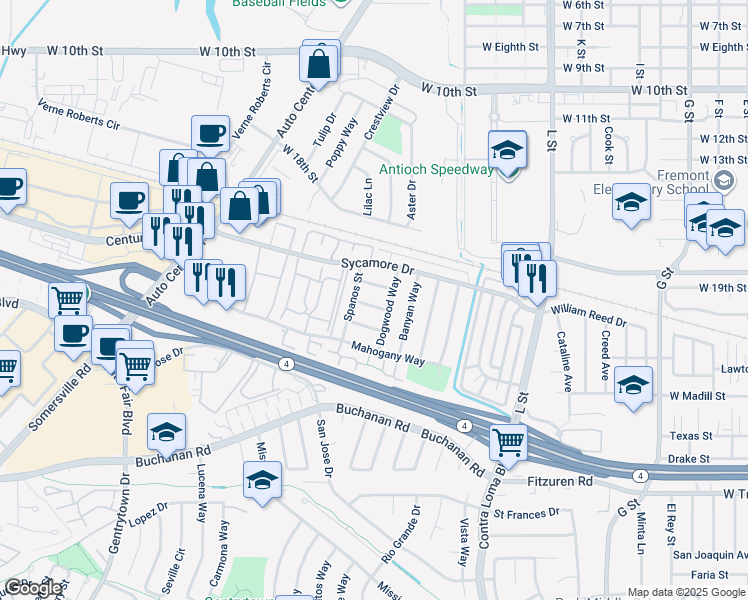 map of restaurants, bars, coffee shops, grocery stores, and more near 1714 Magnolia Way in Antioch