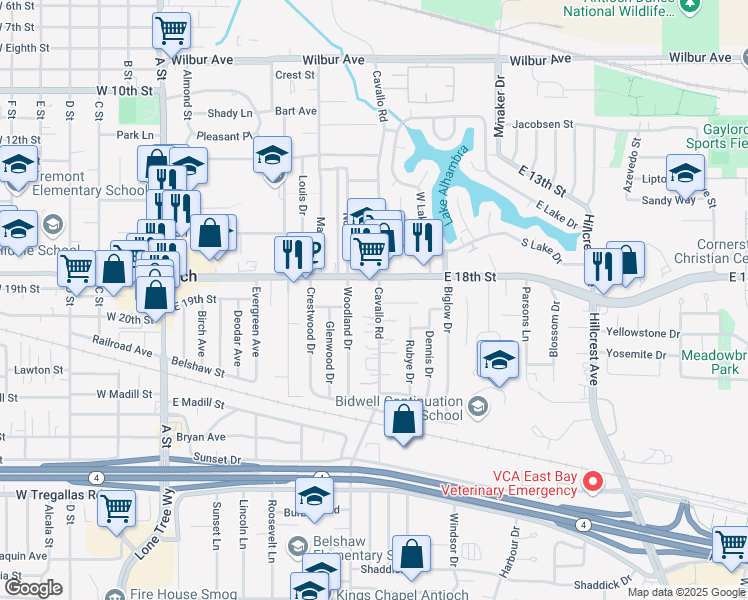 map of restaurants, bars, coffee shops, grocery stores, and more near 1820 Cavallo Road in Antioch