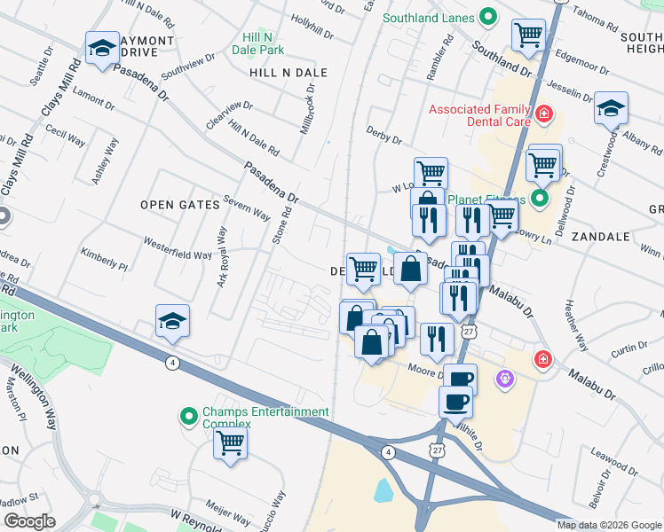 map of restaurants, bars, coffee shops, grocery stores, and more near 305 Stonegate Way in Lexington