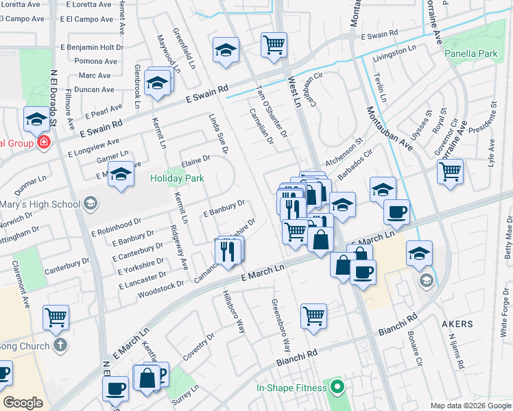 map of restaurants, bars, coffee shops, grocery stores, and more near 958 East Yorkshire Drive in Stockton