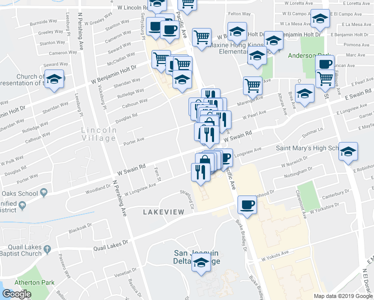map of restaurants, bars, coffee shops, grocery stores, and more near 831 West Swain Road in Stockton