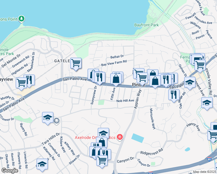map of restaurants, bars, coffee shops, grocery stores, and more near 801 Rogers Way in Pinole
