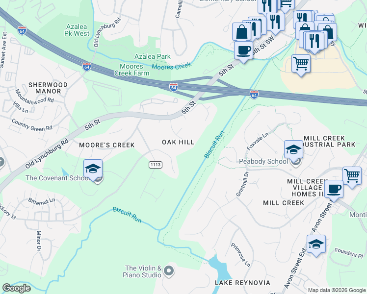 map of restaurants, bars, coffee shops, grocery stores, and more near 412 Woodhaven Court in Charlottesville