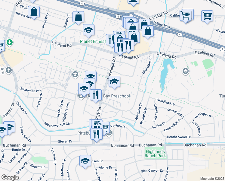 map of restaurants, bars, coffee shops, grocery stores, and more near 2929 Loveridge Road in Pittsburg