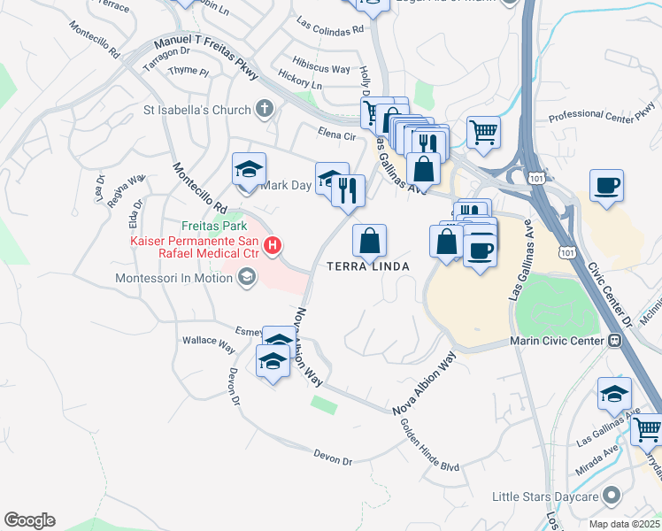 map of restaurants, bars, coffee shops, grocery stores, and more near 225 Nova Albion Way in San Rafael