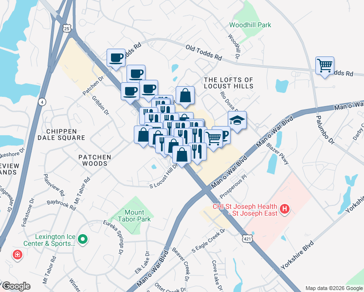 map of restaurants, bars, coffee shops, grocery stores, and more near 2975 Richmond Road in Lexington