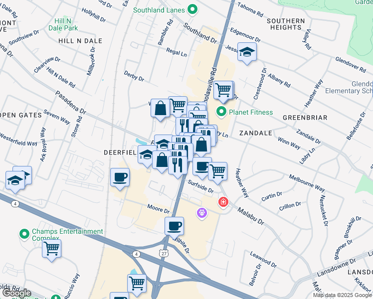map of restaurants, bars, coffee shops, grocery stores, and more near 101 Malabu Drive in Lexington