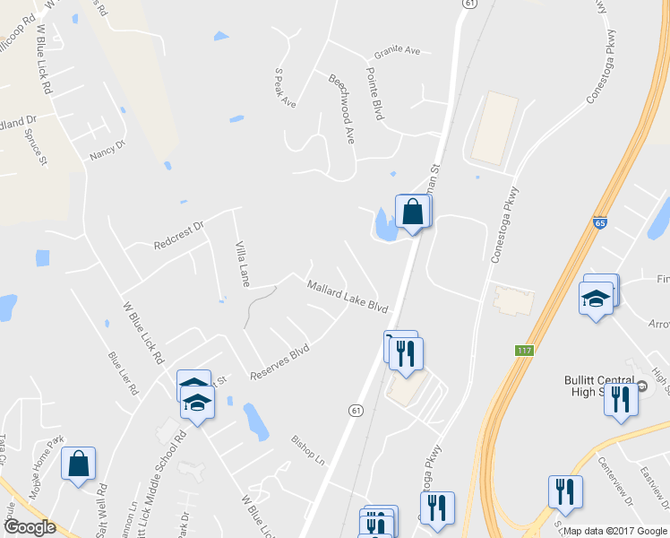 map of restaurants, bars, coffee shops, grocery stores, and more near 163 Mallard Trail in Shepherdsville