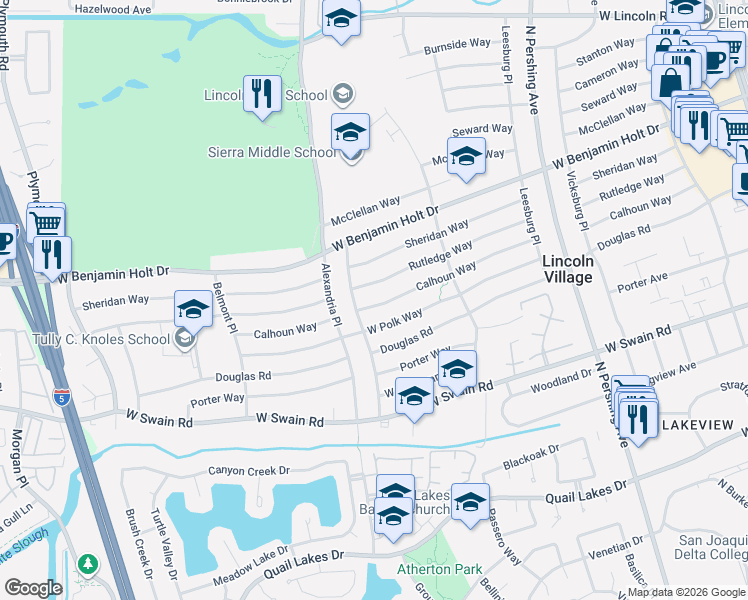 map of restaurants, bars, coffee shops, grocery stores, and more near 2031 Calhoun Way in Stockton