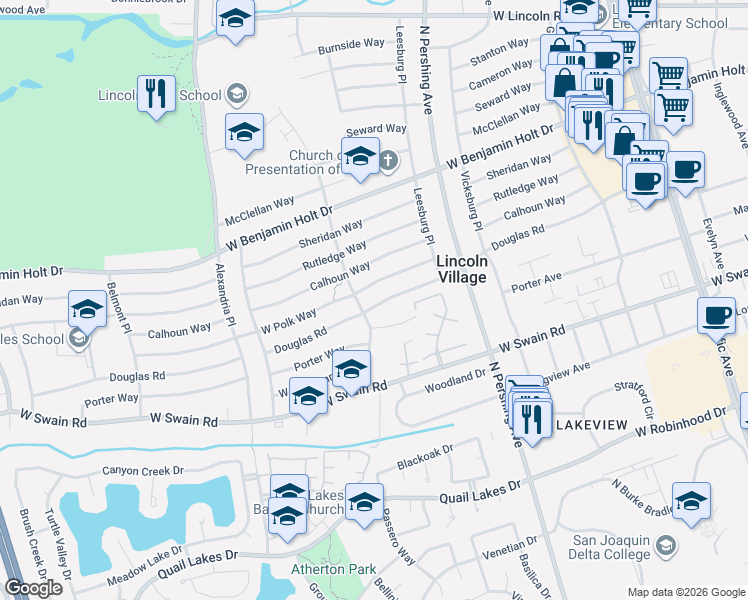 map of restaurants, bars, coffee shops, grocery stores, and more near 1721 Douglas Road in Stockton