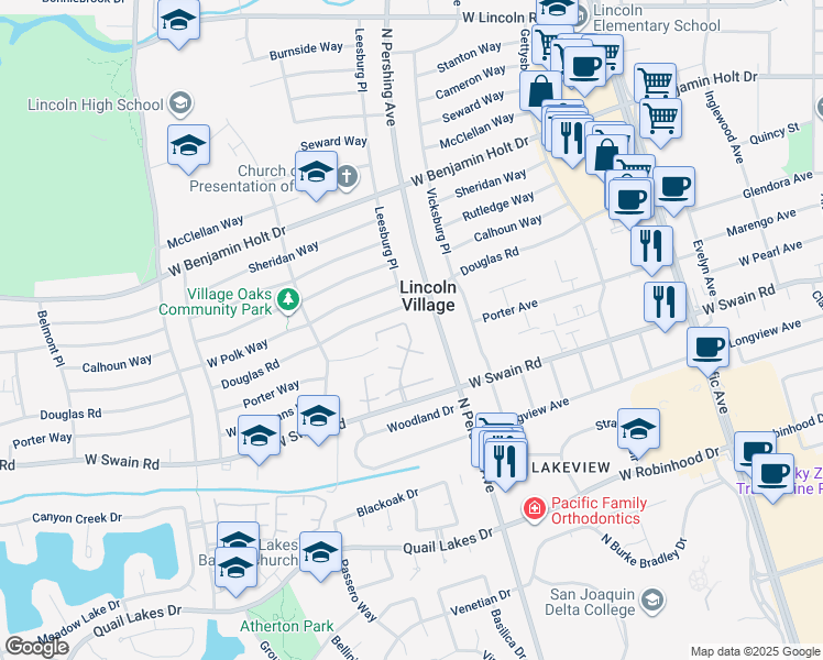 map of restaurants, bars, coffee shops, grocery stores, and more near 1479 West Swain Road in Stockton