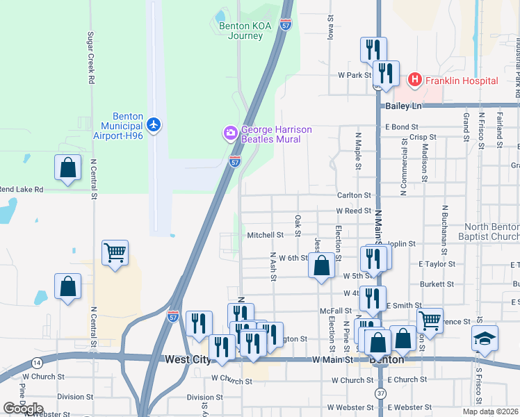 map of restaurants, bars, coffee shops, grocery stores, and more near 601 West Reed Street in Benton