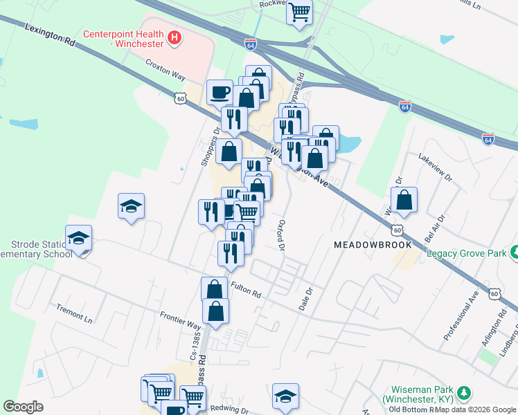 map of restaurants, bars, coffee shops, grocery stores, and more near 810 Bypass Road in Winchester