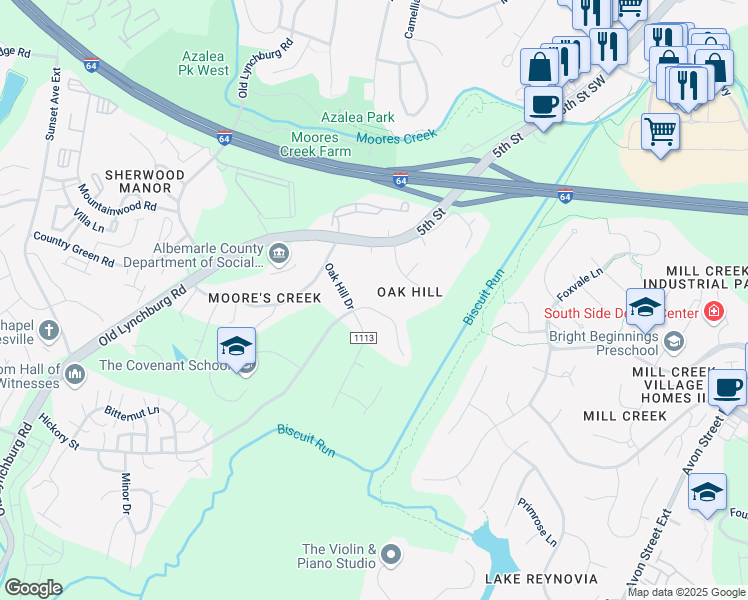 map of restaurants, bars, coffee shops, grocery stores, and more near 404 Woodhaven Court in Charlottesville